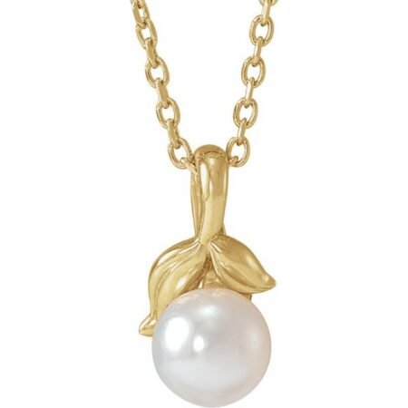 14k Yellow 5 Mm Cultured White Akoya Pearl Floral 16-18' Necklace