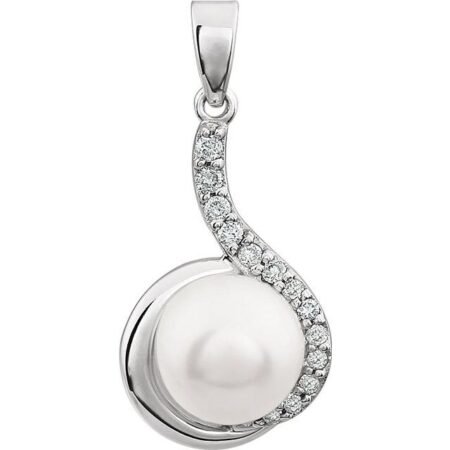 14k White Cultured White Freshwater Pearl & 1/8 Ctw Natural Diamond Pendant