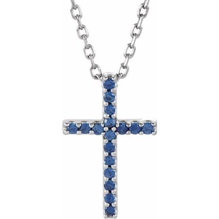 14k White Natural Blue Sapphire Petite Cross 16' Necklace