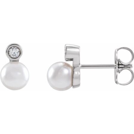 14k White Cultured White Akoya Pearl & .06 Ctw Natural Diamond Earrings