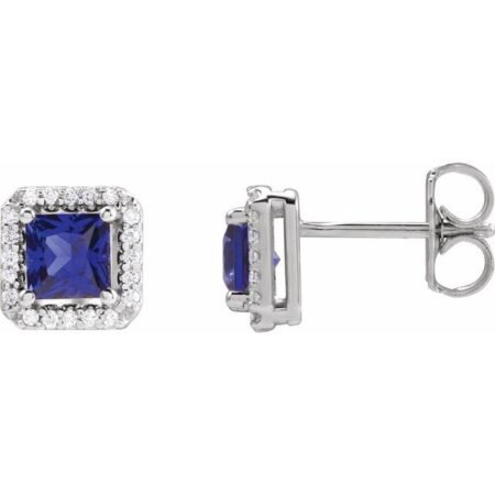 14k White Lab-grown Blue Sapphire & .08 Ctw Natural Diamond Halo-style Earrings
