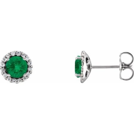 14k White 3 Mm Natural Emerald & 1/10 Ctw Natural Diamond Earrings