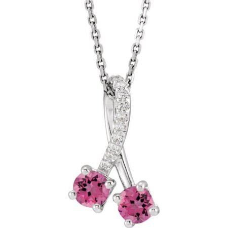 14k White Natural Pink Tourmaline & .05 Ctw Natural Diamond 16-18' Necklace