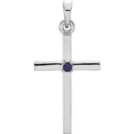 14k White Natural Blue Sapphire Cross Pendant