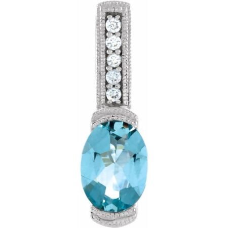 14k White Natural Aquamarine & .05 Ctw Natural Diamond Pendant