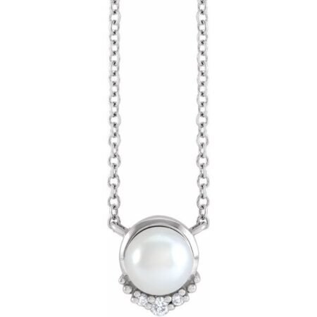 14k White Cultured White Akoya Pearl & .025 Ctw Natural Diamond 18' Necklace