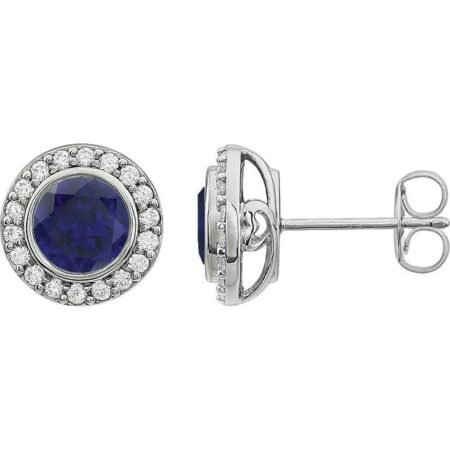 Sterling Silver Imitation Blue Cubic Zirconia Halo-style Earrings