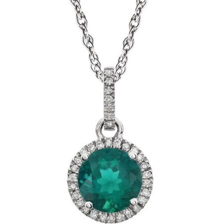 14k White Lab-grown Emerald & 1/10 Ctw Natural Diamond 18' Necklace