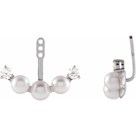 14k White Cultured Akoya Pearl & 1/4 Ctw Natural Diamond Earring Jackets
