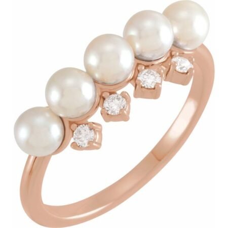14k Rose Cultured White Akoya Pearl & 1/8 Ctw Natural Diamond Stackable Ring