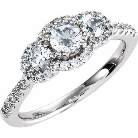 Sterling Silver 4.4 Mm Round Cubic Zirconia Three-stone Halo-style Ring Size 6