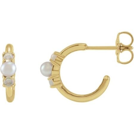 14k Yellow Cultured White Seed Pearl & Natural White Ethiopian Opal Huggie Earrings