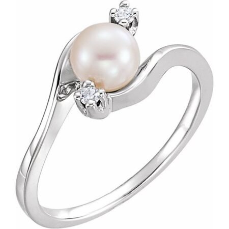 14k White Cultured White Akoya Pearl & .04 Ctw Diamond Bypass Ring