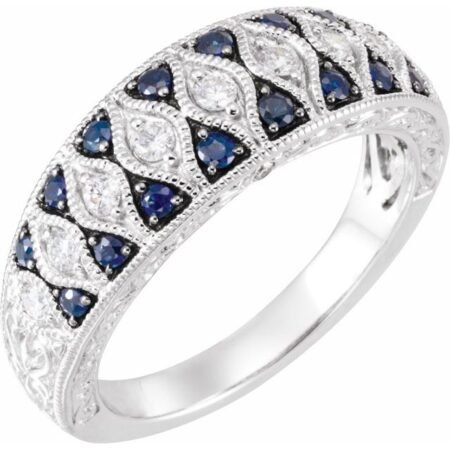 14k White Natural Blue Sapphire & 1/4 Ctw Natural Diamond Ring
