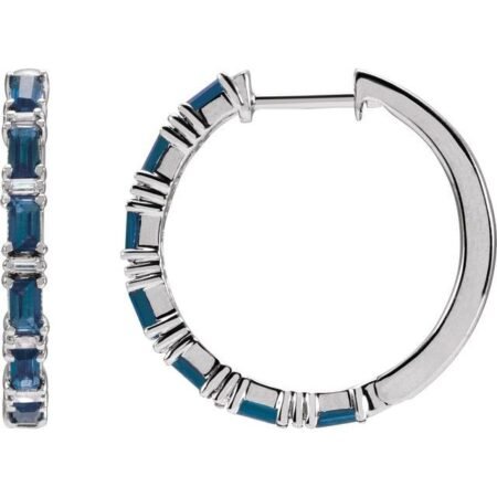 14k White Natural Blue Sapphire & 1 1/4 Ctw Natural Diamond Hoop Earrings