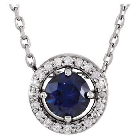 14k White Natural Blue Sapphire & .05 Ctw Natural Diamond Halo-style 16' Necklace