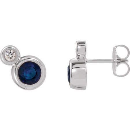 14k White 3 Mm Lab-grown Blue Sapphire & .03 Ctw Natural Diamond Earrings