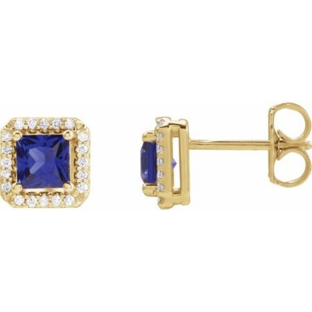 14k Yellow Lab-grown Blue Sapphire & .08 Ctw Natural Diamond Halo-style Earrings