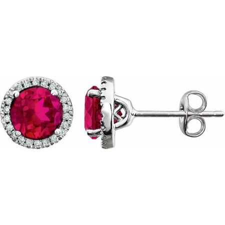 14k White Lab-grown Ruby & 1/8 Ctw Natural Diamond Earrings