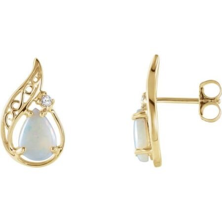 14k Yellow Natural White Opal & .03 Ctw Natural Diamond Earrings