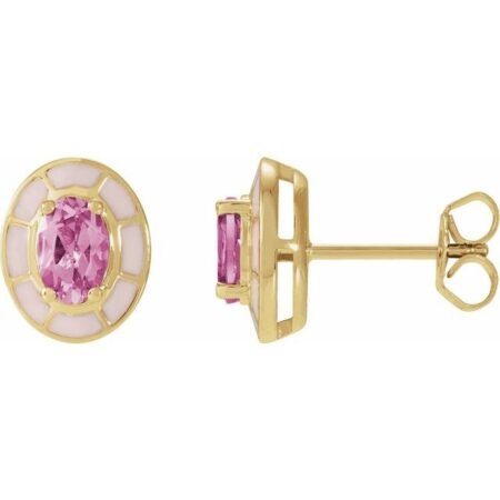 14k Yellow Natural Pink Tourmaline & Pink Enamel Stud Earrings