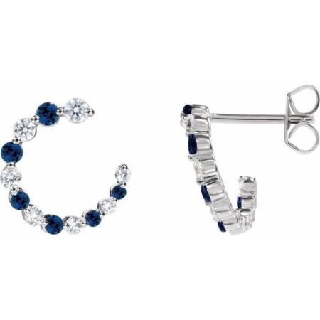 14k White Natural Blue Sapphire & 1/3 Ctw Natural Diamond Front-back Hoop Earrings