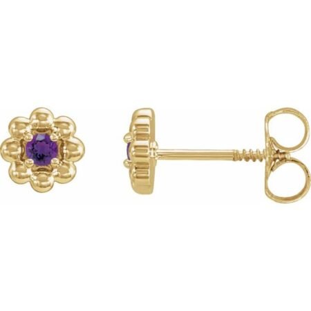 14k Yellow Natural Amethyst Petite Flower Beaded Earrings