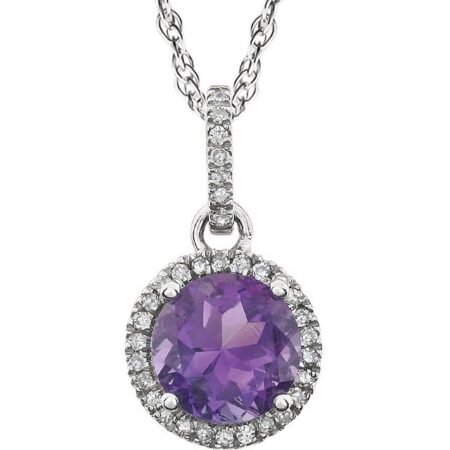14k White Natural Amethyst & 1/10 Ctw Natural Diamond 18' Necklace