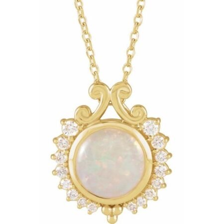 14k Yellow Natural White Opal & 1/6 Ctw Natural Diamond  16-18' Necklace