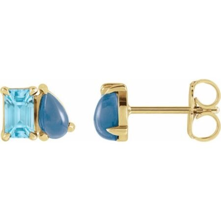 14k Yellow Natural Sky Blue Topaz & Natural London Blue Topaz Two-stone Stud Earrings