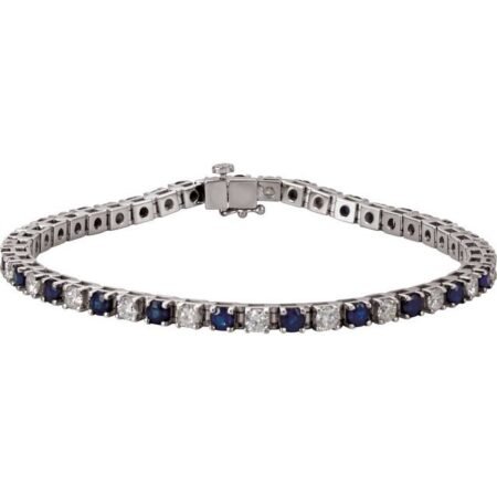 14k White Natural Blue Sapphire &  2 3/8 Ctw Natural Diamond Line 7' Bracelet