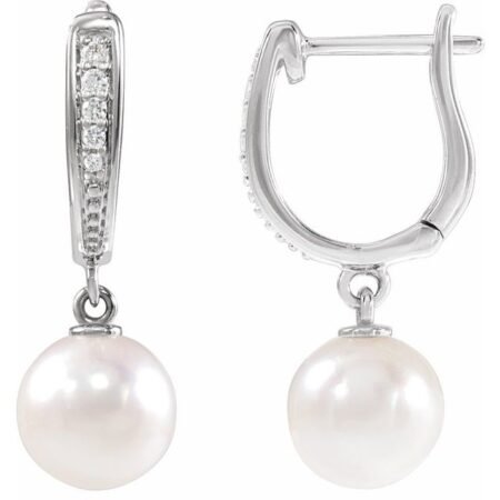 14k White Cultured White Akoya Pearl & .03 Ctw Natural Diamond Earrings