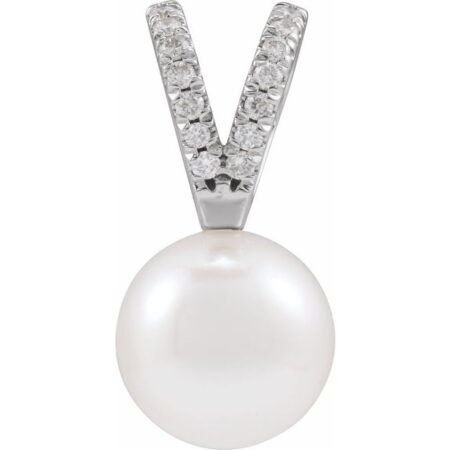 14k White Cultured White Akoya Pearl & .05 Ctw Natural Diamond Pendant
