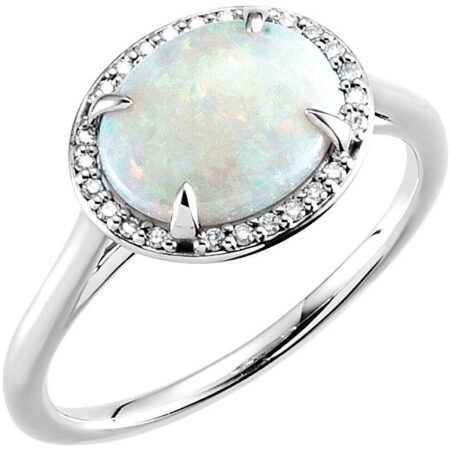 14k White Natural White Opal & .06 Ctw Natural Diamond Ring