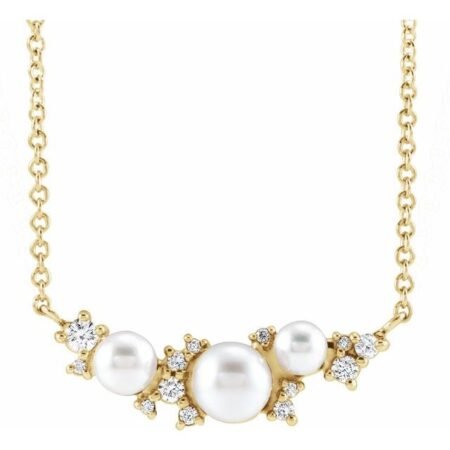 14k Yellow Cultured White Akoya Pearl & .08 Ctw Natural Diamond 16' Necklace