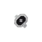 Sterling Silver Natural Black Onyx & Imitation White Cubic Zirconia Halo-style Ring