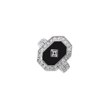 Sterling Silver Natural Black Onyx & Imitation White Cubic Zirconia Halo-style Ring
