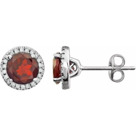 14k White Natural Mozambique Garnet & 1/8 Ctw Natural Diamond Earrings