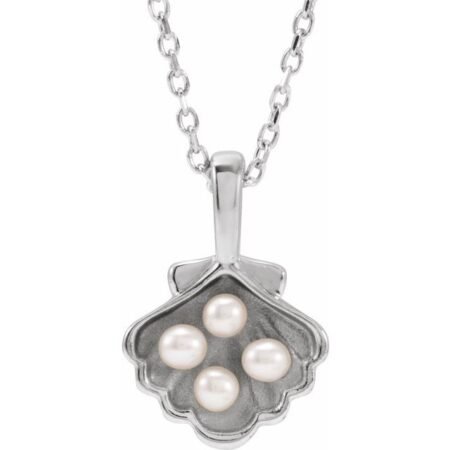 14k White 4-stone Cultured White Seed Pearl Family Shell 16-18' Necklace