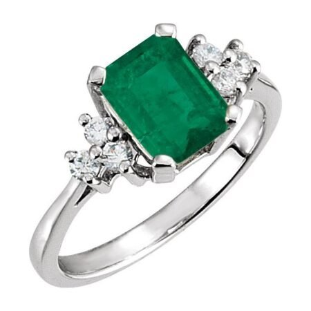 14k White Natural Emerald & 1/6 Ctw Natural Diamond Ring