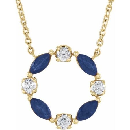 14k Yellow Natural Blue Sapphire & 1/10 Ctw Natural Diamond Circle 18' Necklace