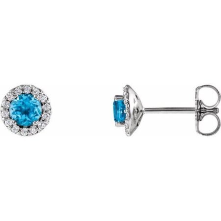 14k White 4 Mm Natural Swiss Blue Topaz & 1/10 Ctw Natural Diamond Earrings