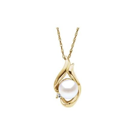14k Yellow Cultured White Akoya Pearl & .025 Ct Natural Diamond 18' Necklace
