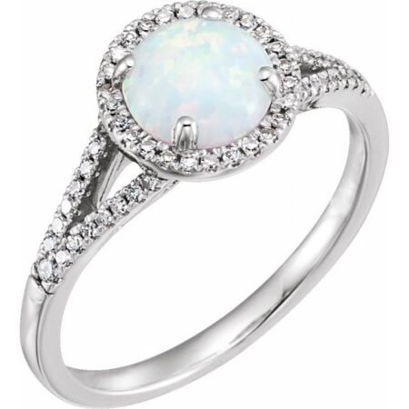 14k White Created Opal & 1/6 Ctw Natural Diamond Ring