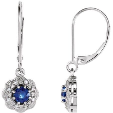 14k White Natural Blue Sapphire & 1/10 Ctw Natural Diamond Halo-style Earrings