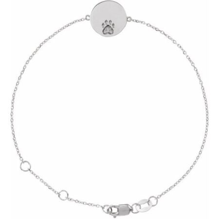 14k White Natural White Sapphire Engravable Paw Print 6 1/2-7 1/2' Bracelet