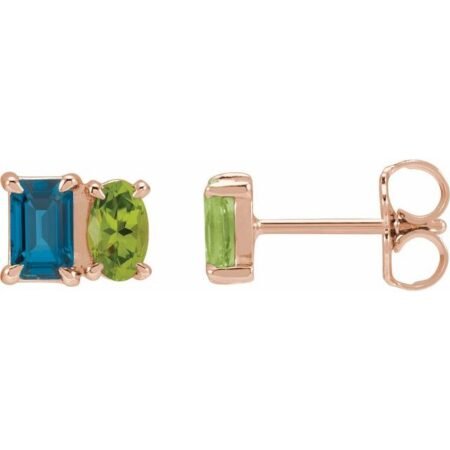 14k Rose Natural London Blue Topaz & Natural Peridot Two-stone Stud Earrings