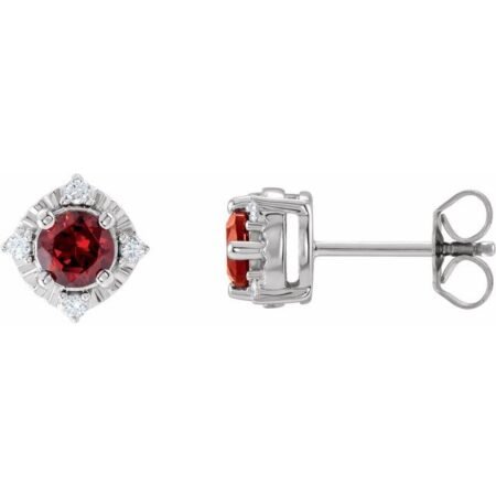 Sterling Silver Natural Mozambique Garnet & .08 Ctw Natural Diamond Halo-style Earrings