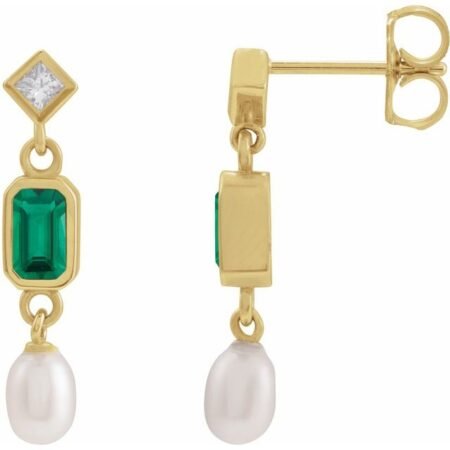 14k Yellow Lab-grown Emerald, Cultured White Akoya Pearl & .05 Ctw Natural Diamond Earrings