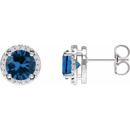 14k White Lab-grown Blue Sapphire & 1/10 Ctw Natural Diamond Halo-style Earrings